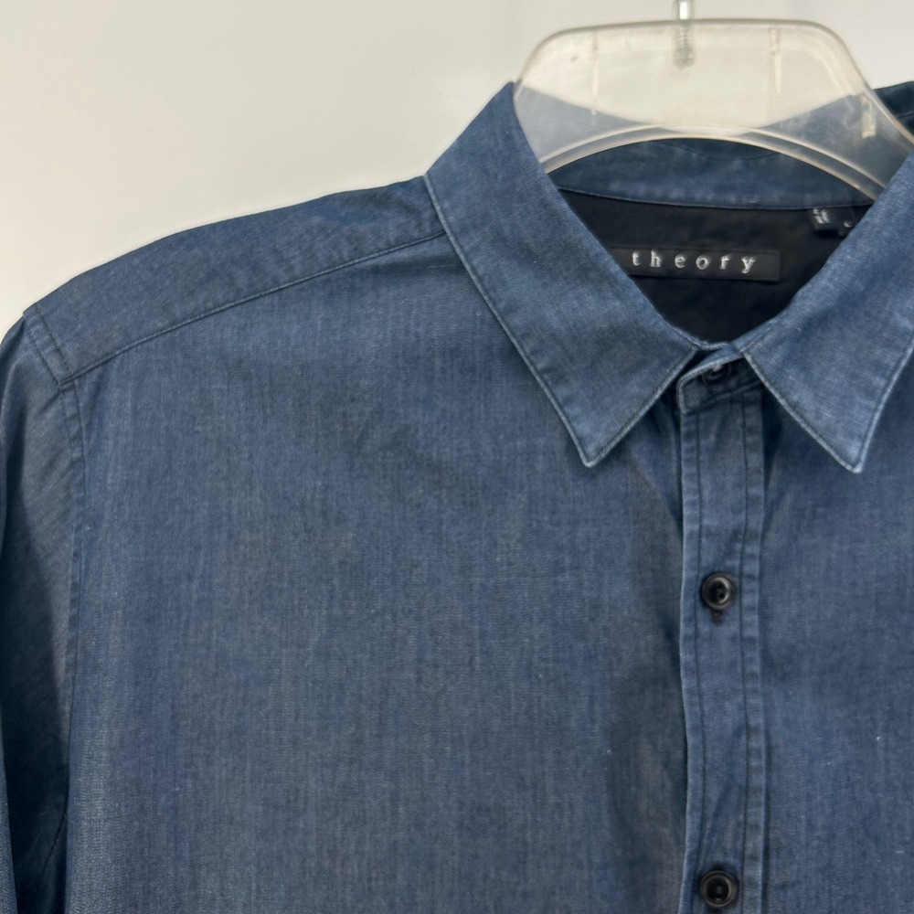 Theory Chambray Button Down Shirt Long Sleeve Dark Blue Men's Large Cotton - Picture 5 of 9